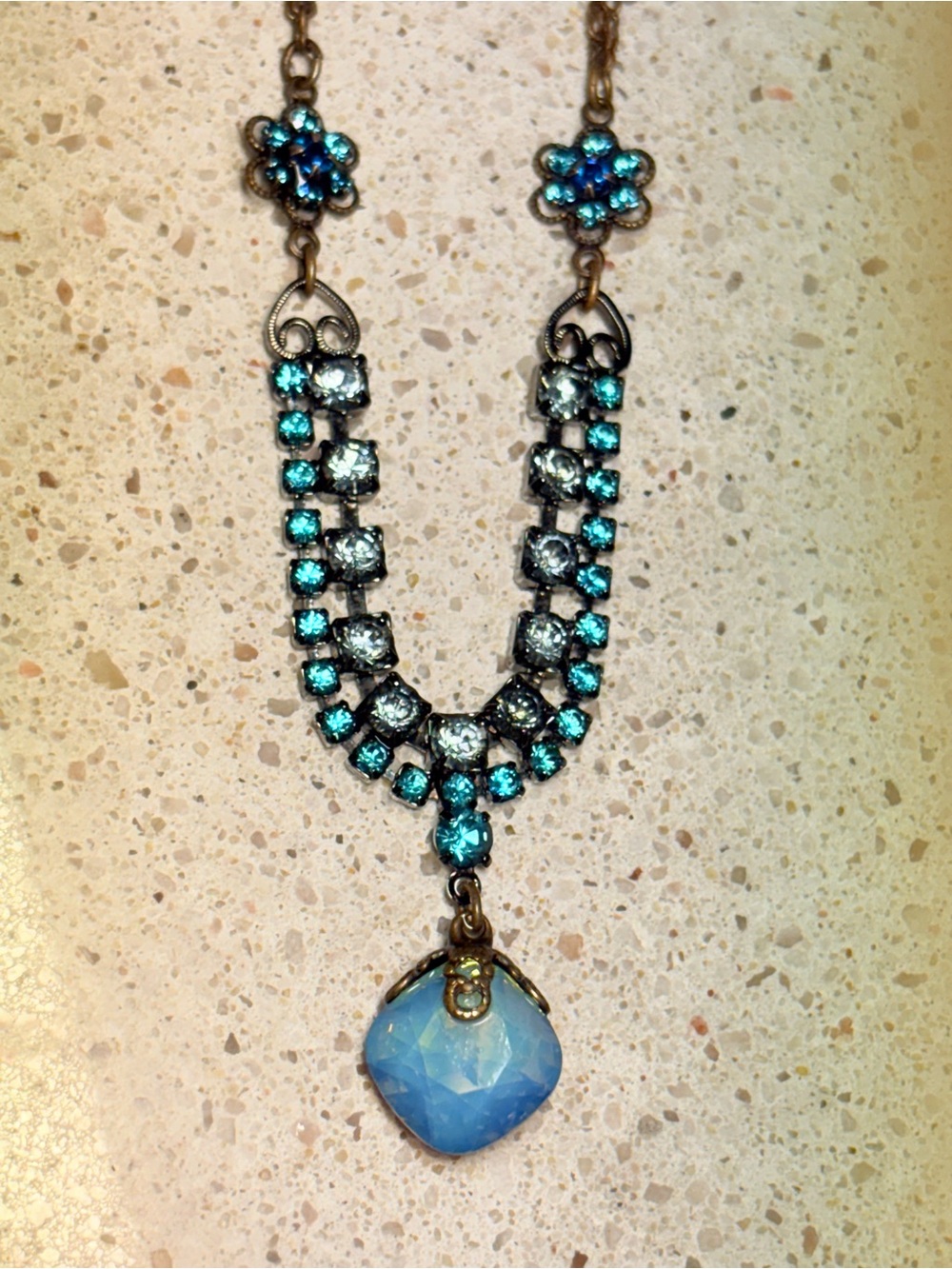 Blue Crystal Necklace Delicate Drop Blue Crystal Rhinestones